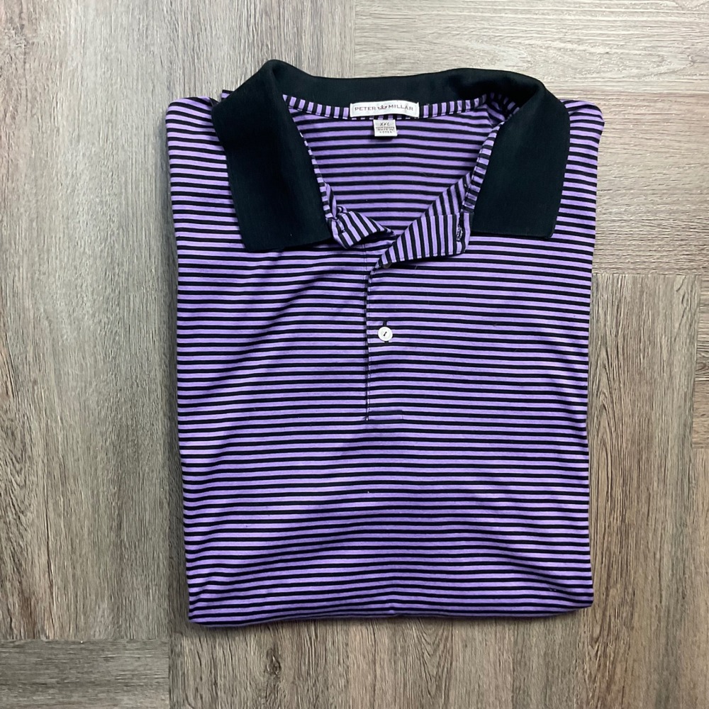 Peter Millar Polo Shirt Mens XXL Purple Black Striped Cotton Short Sleeve Golf